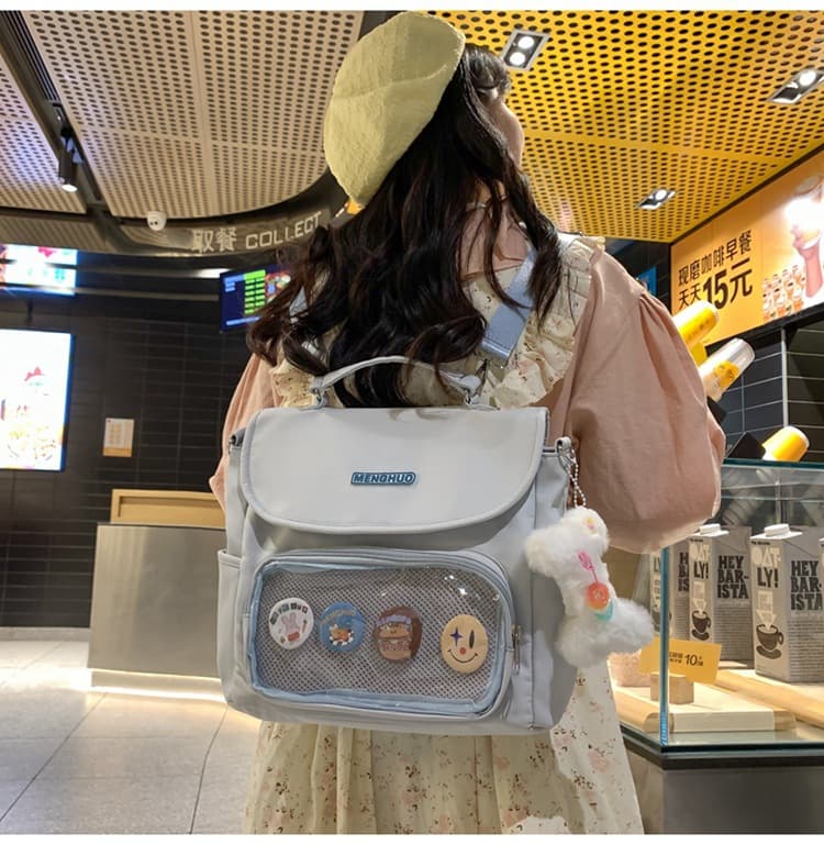 痛バッグ メッシュポケット付き 缶バッジ飾り ショルダーバッグ